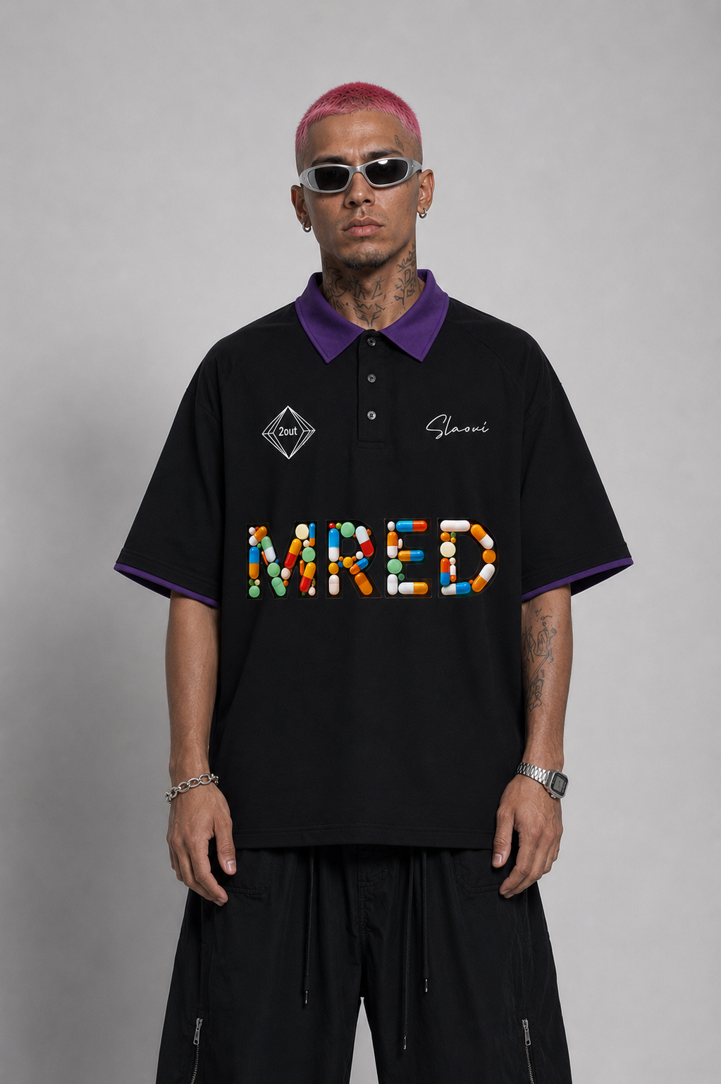 MRED Contrast Collar Raglan Polo — Unisex Street Polo T-Shirt | Clean Pills Style by 2OUT ODMPOD
